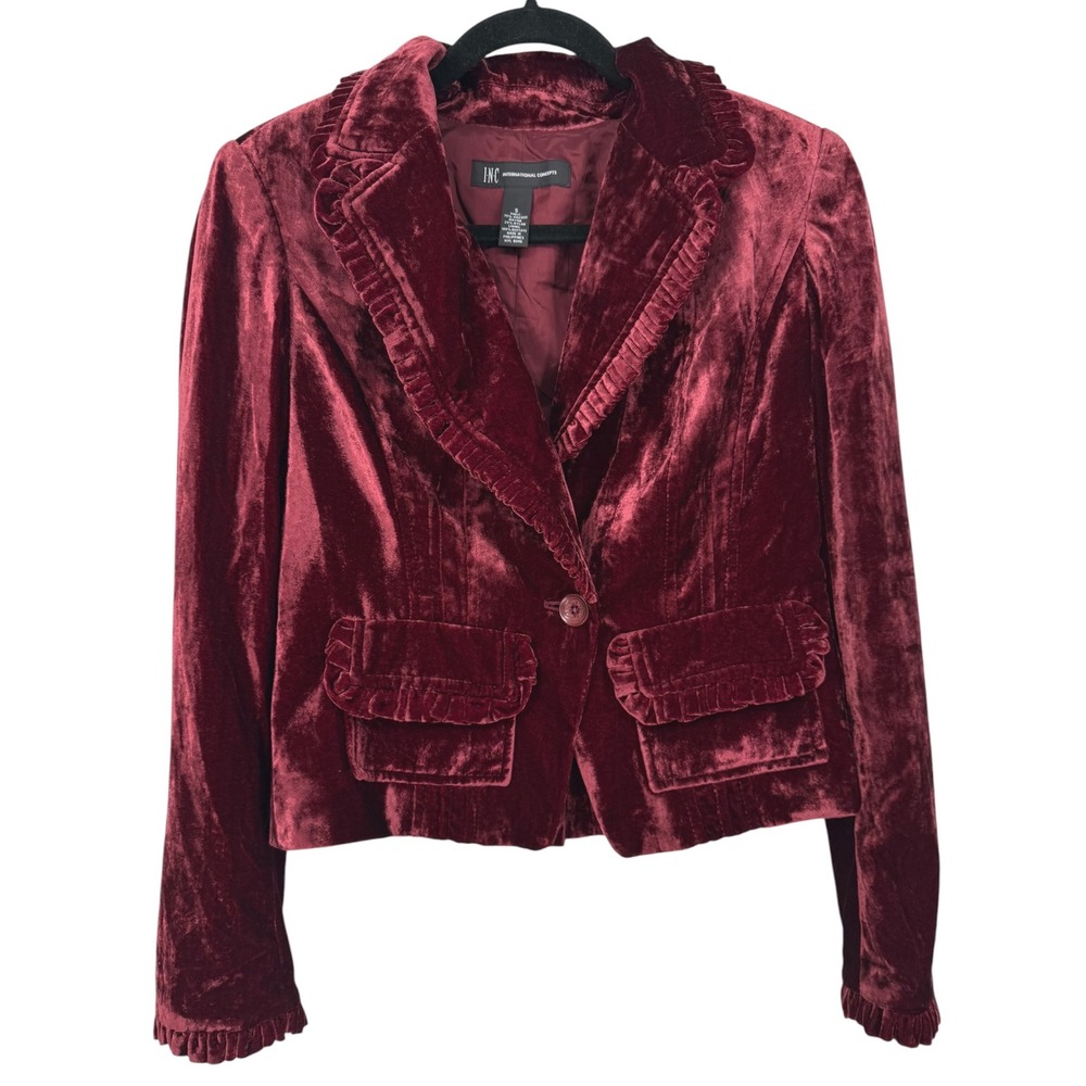 INC Women's Velvet Ruffle Blazer Jacket Red Size Small Whimsigoth Victorian Goth